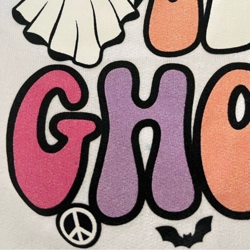 Lets Go Ghouls White Sweatshirt Medium Halloween Ghost Peace Bat Retro Vibes - Picture 7 of 8